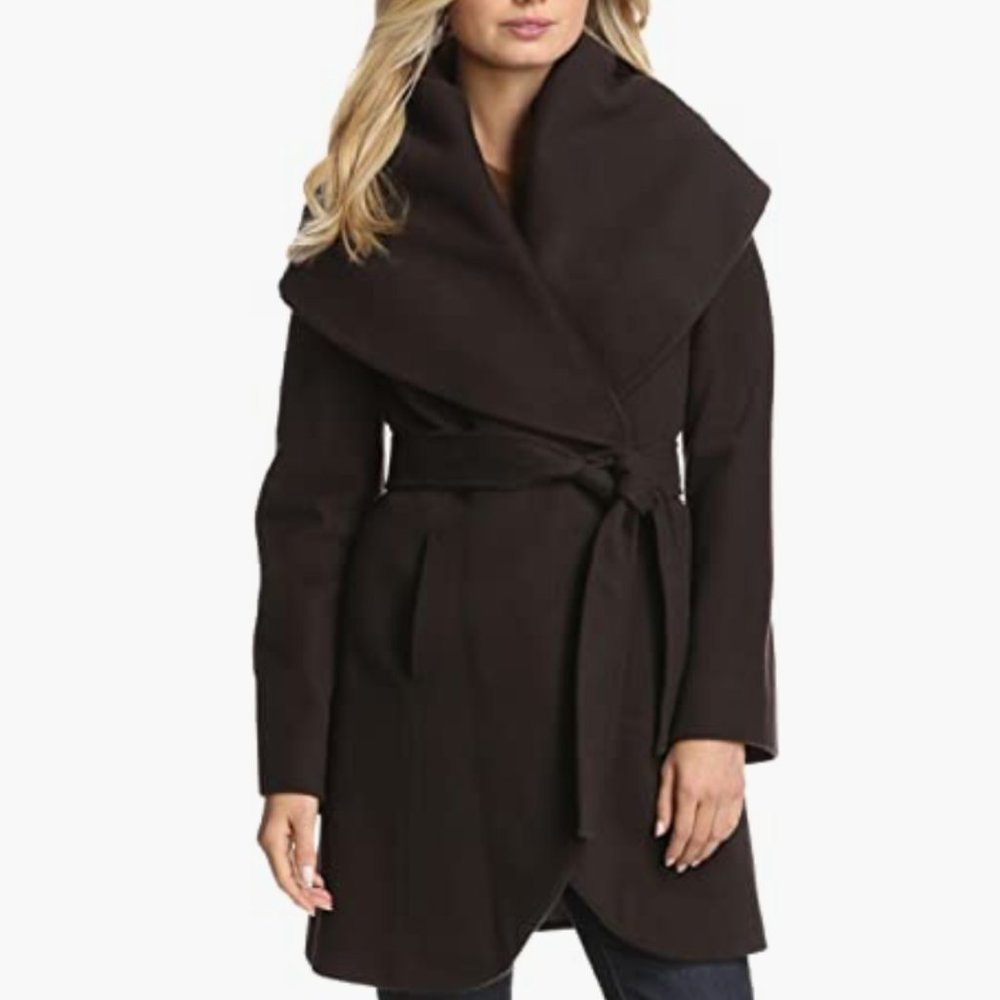 Tahari Marla Belted Wrap Coat black warm cozy chic
